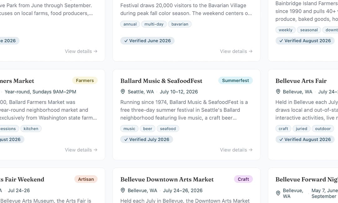 Every event we've verified by hand gets a stamp you can see in listings and in event details.