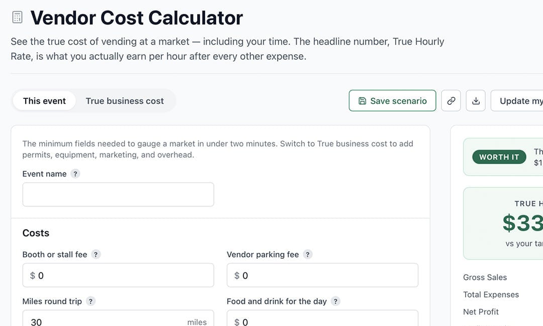 Canopy Season's cost calculator has two modes - event mode and business mode to help you calculate your expenses and determine your ROI.