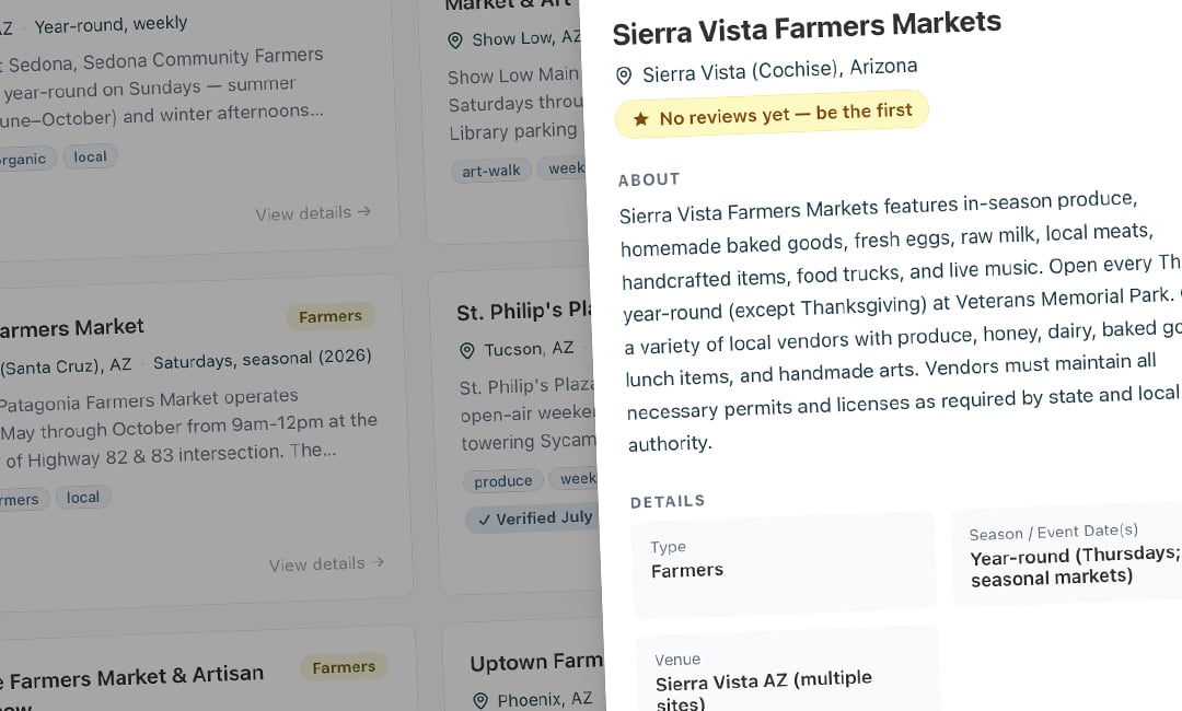 sample event listing of a farmers market on Canopy Season.