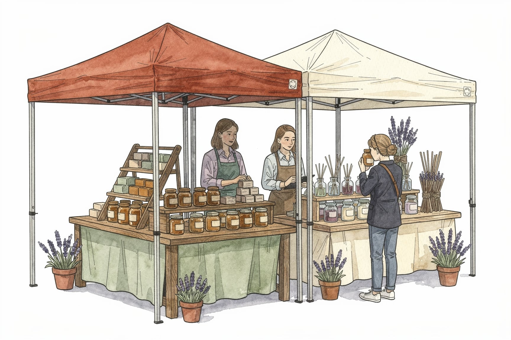 brightly colored hand-drawn market tents with vendors and visitors.
