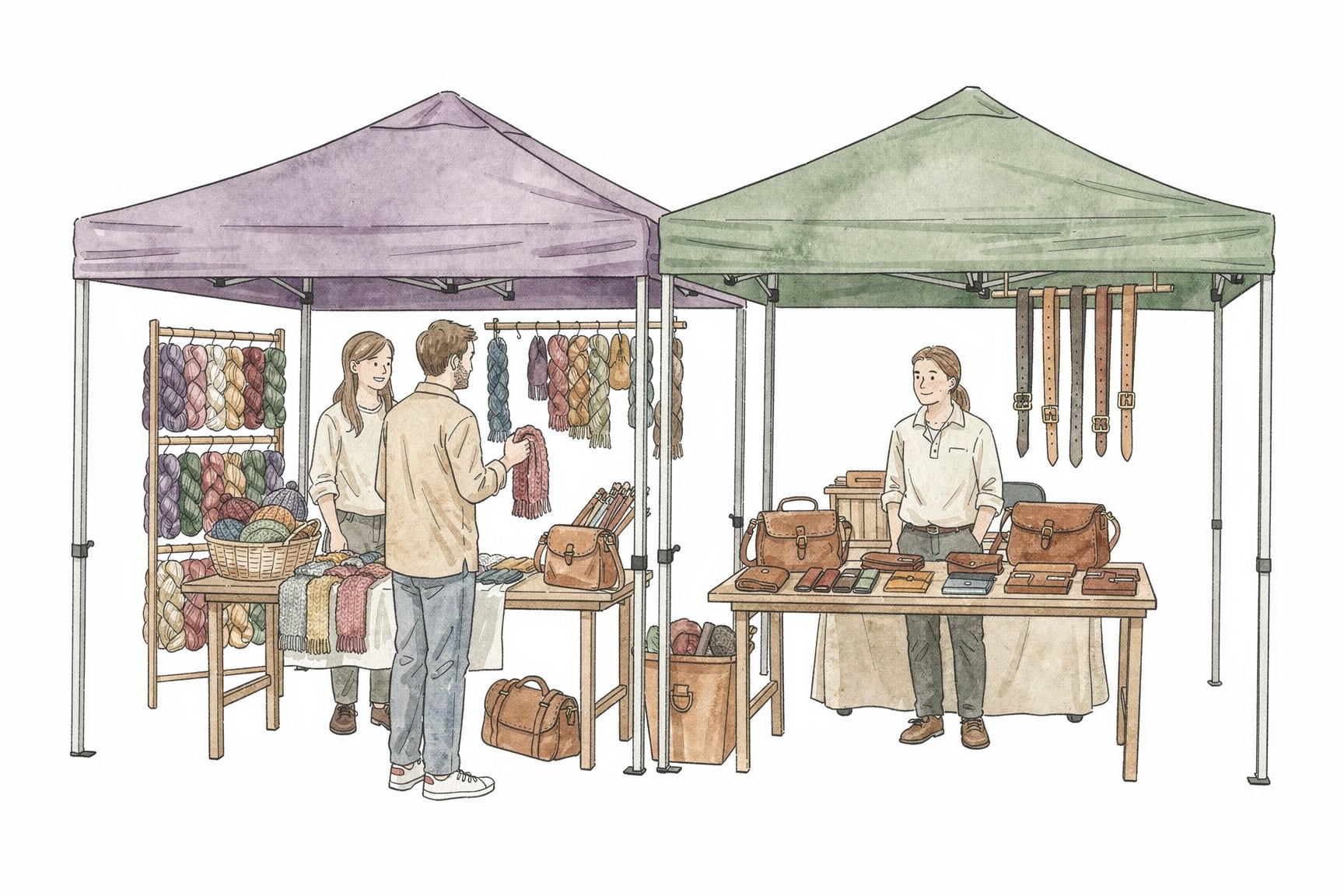 Hand drawn image of colorful booths at a craft market showing vendors selling yarn and leather goods.