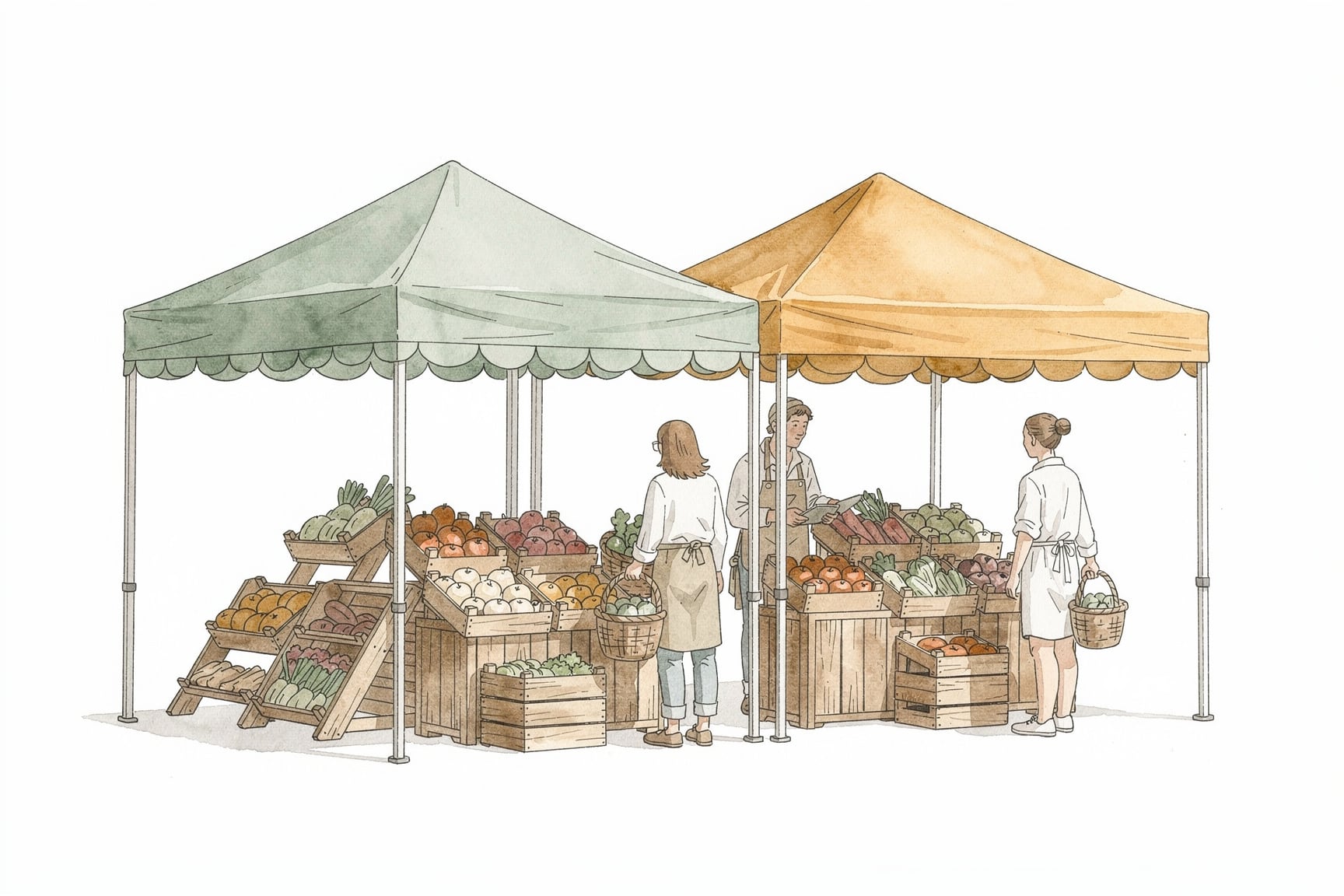 Hand drawn image showing brightly colored tents at a farmers market with customers shopping at a large produce stand.