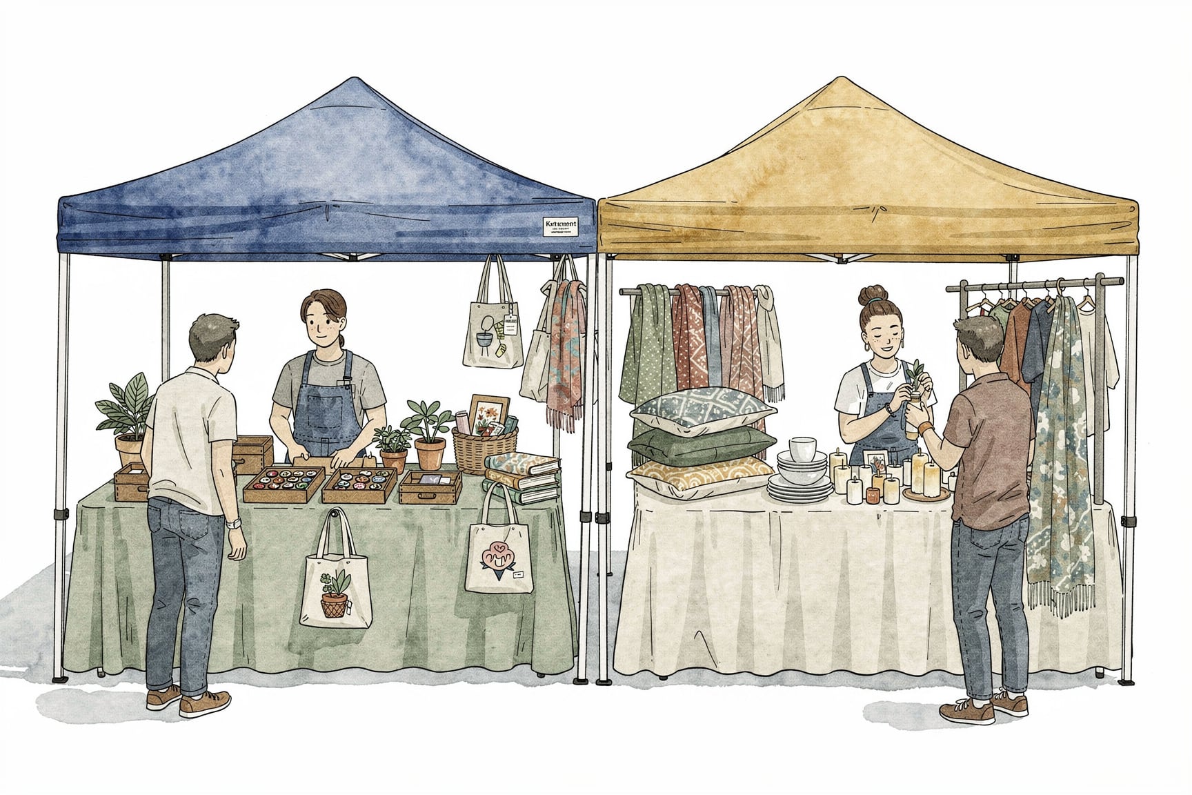 Hand drawn image of colorful booths at a festival showing vendors selling a variety of miscellaneous goods.
