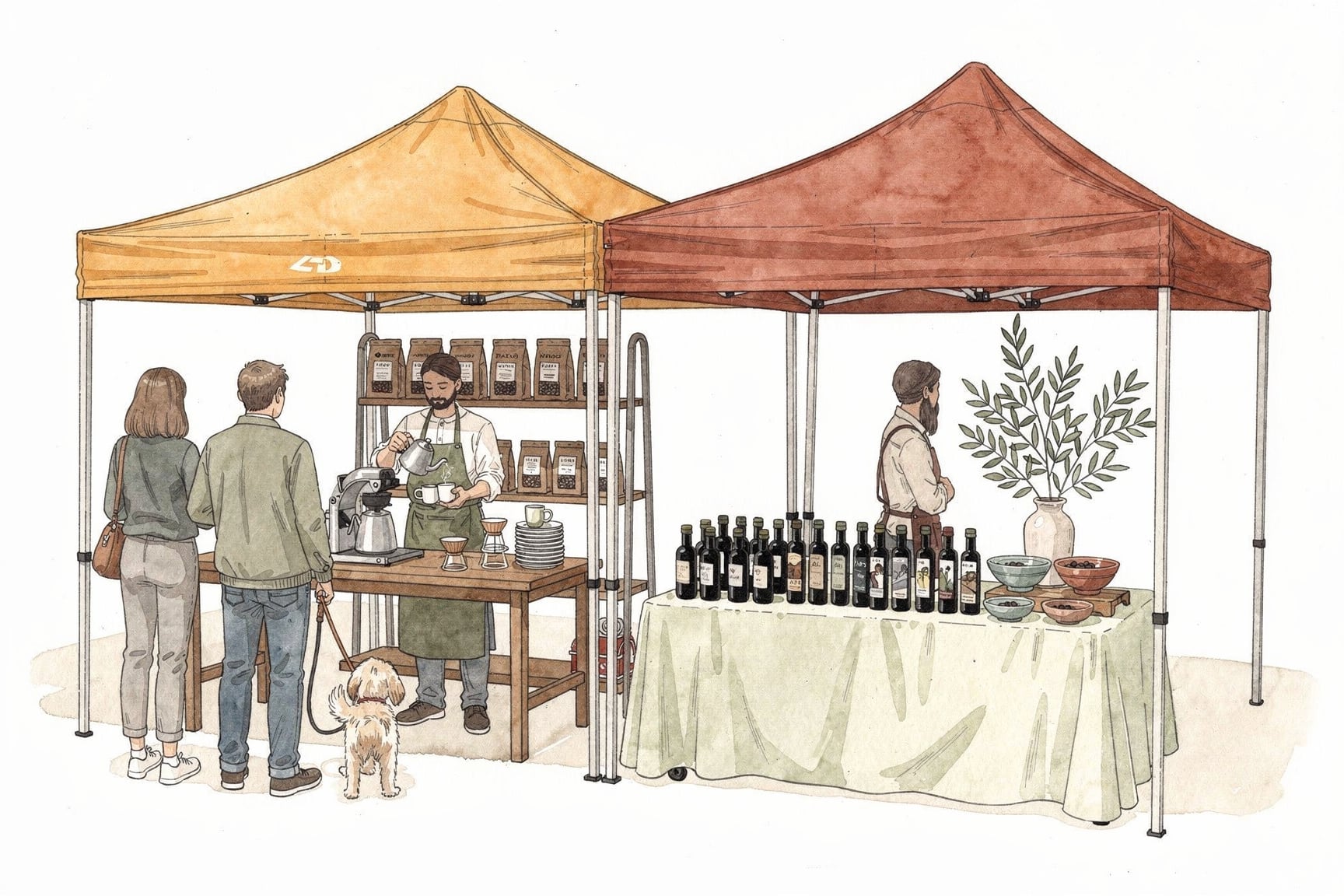 Hand drawn image of colorful booths at a holiday market showing vendors selling coffee and olive oil products