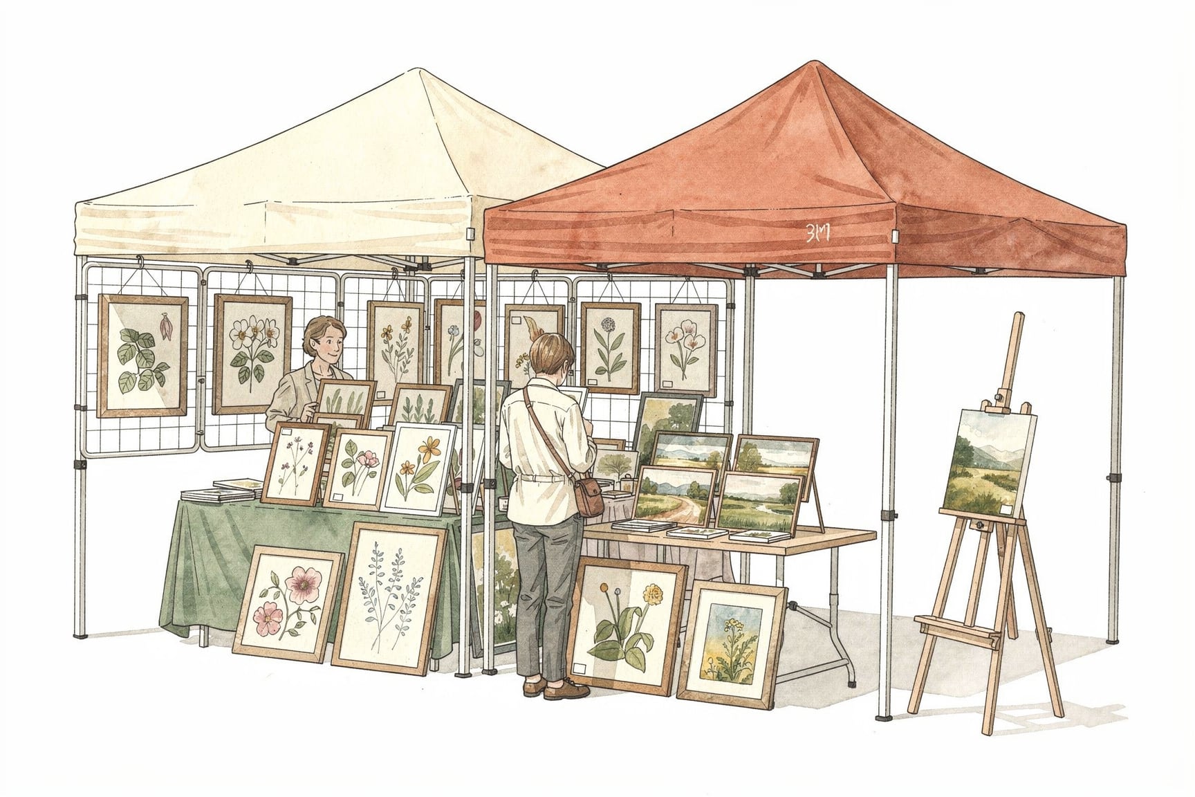 Hand drawn image of colorful booth at an art festival showing vendors selling paintings and prints