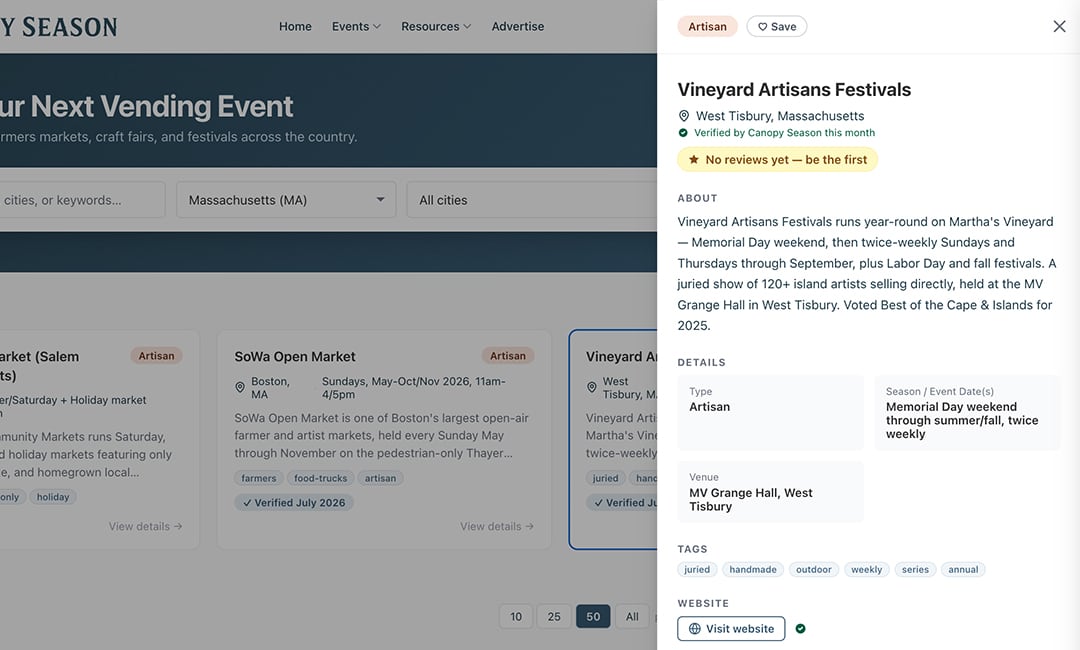 Sample image of the Canopy Season event directory displaying an art market opportunity in Massachessettes