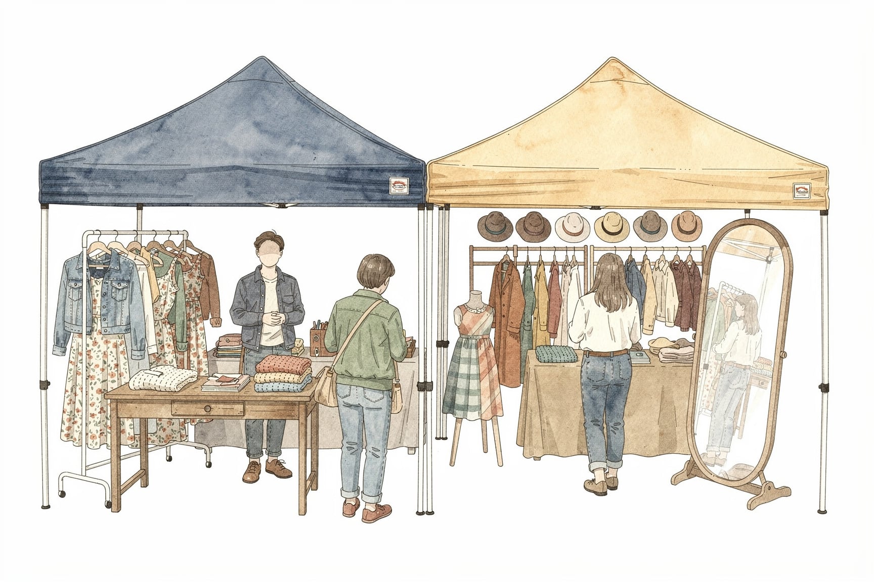 Hand drawn image of colorful booths at a market for vintage goods.