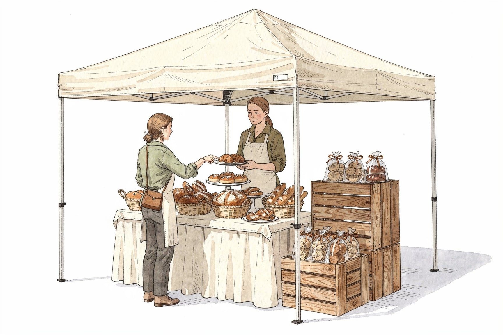 Hand drawn image of colorful booth at a popup market selling baked goods