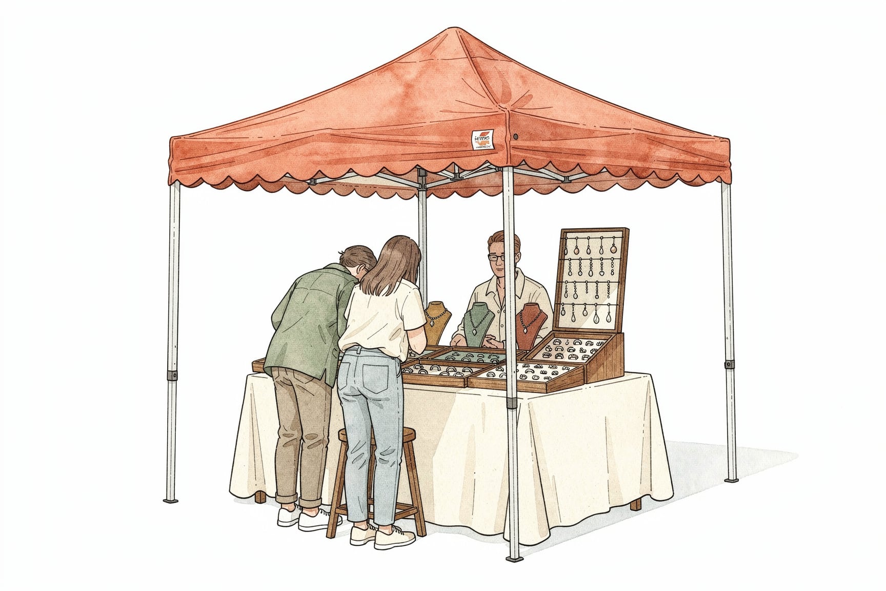 Hand drawn image of colorful booths at a market selling antiques and random goods