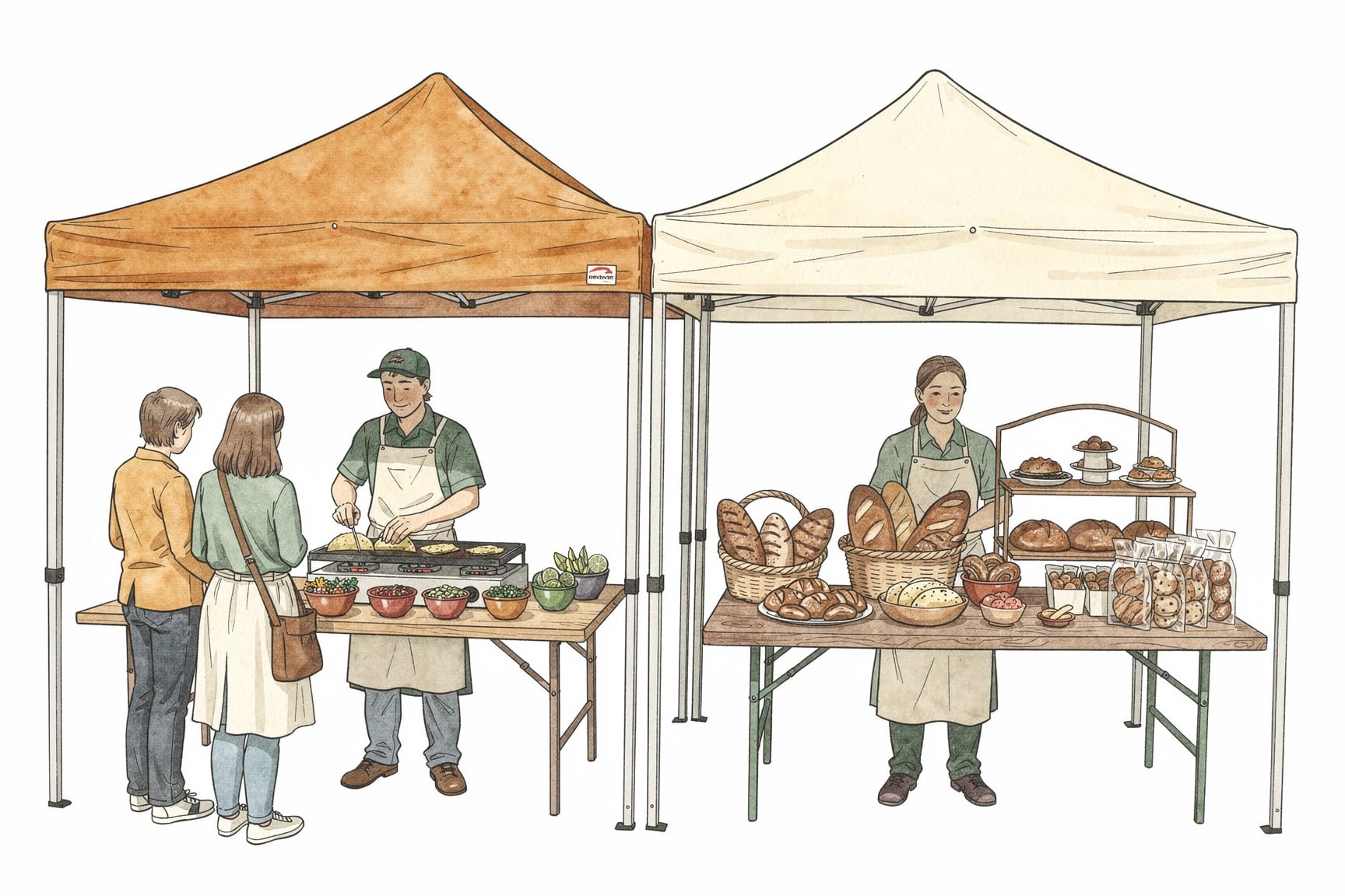 Hand drawn image of colorful booths at a market with food vending opportunities