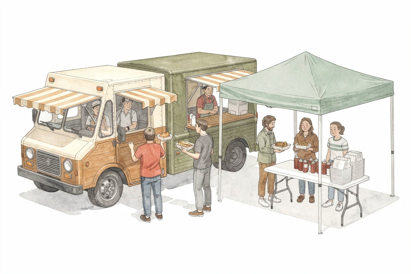 Hand drawn image of colorful food truck with prep tent at a vending event.