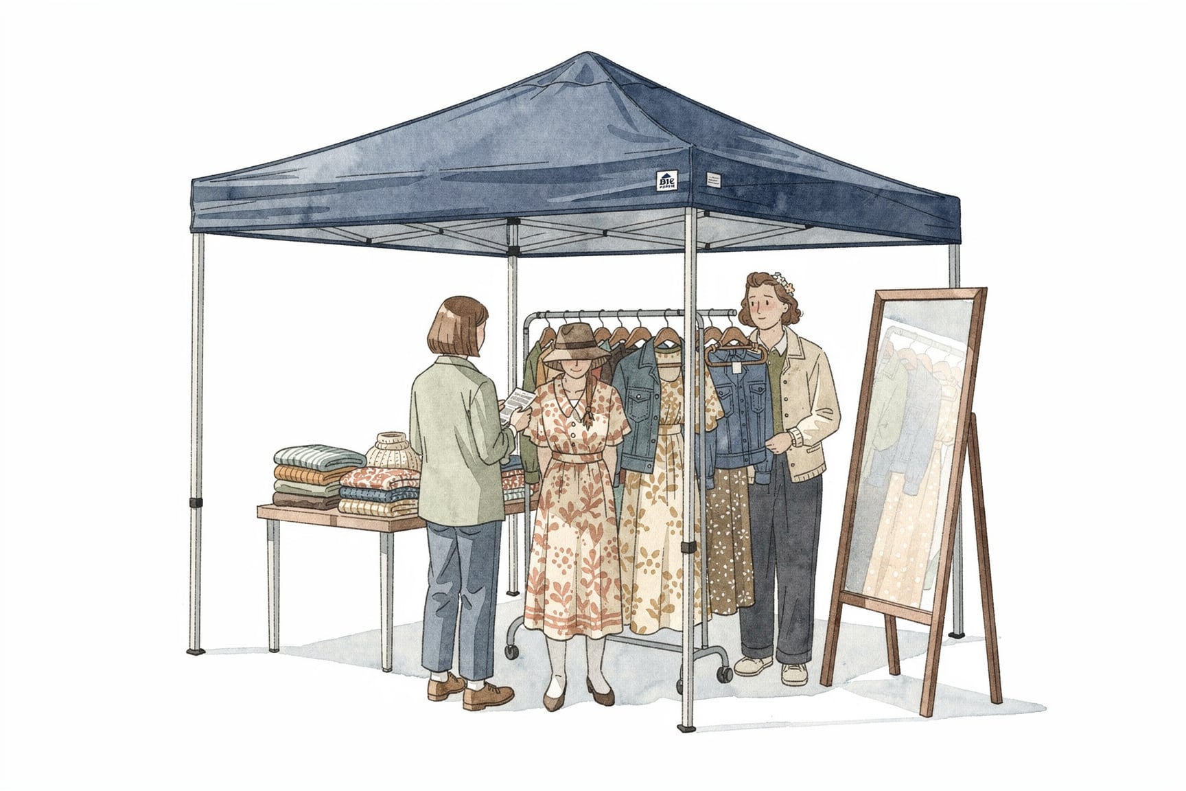 Hand drawn image of blue tent with a vendor selling used clothing with two customers trying on clothes