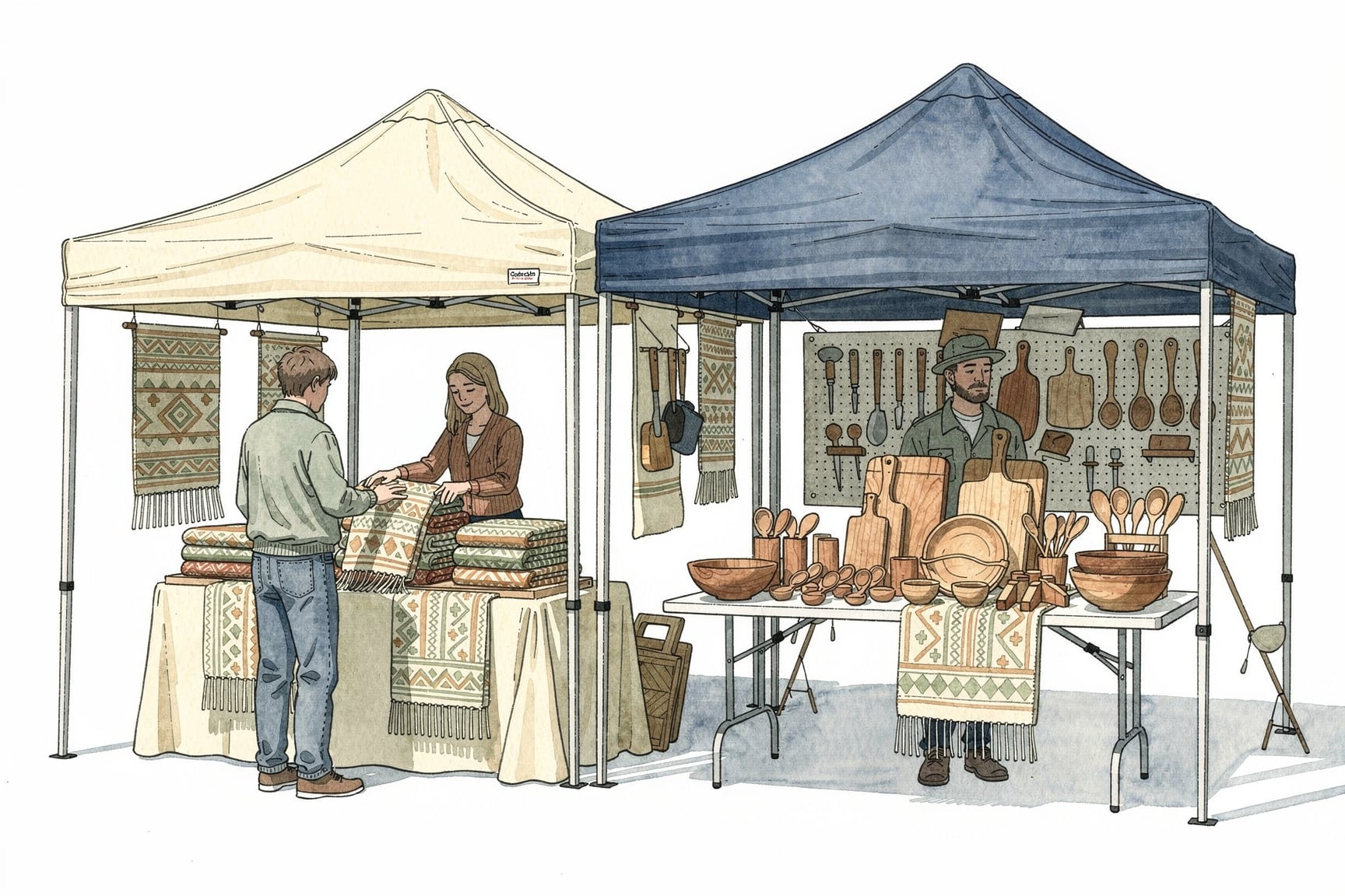 Hand drawn image of blue tent with a vendors selling handmade goods including blankets and woodworking.