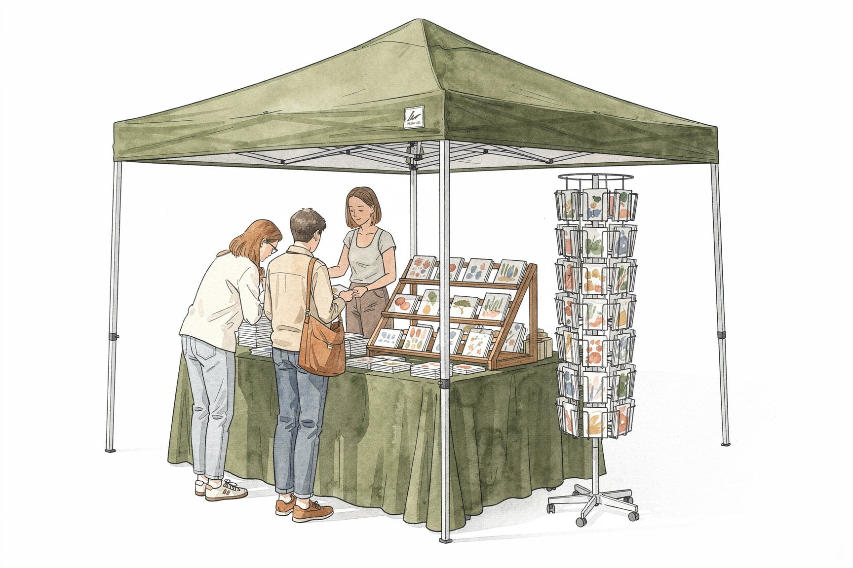 Hand drawn image of blue tent with a vendor selling greeting cards and paper goods.