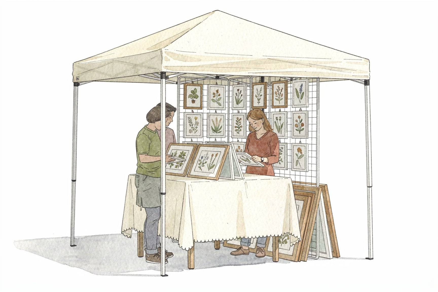 Hand drawn image of white tent with a vendor selling hand-drawn art and prints.