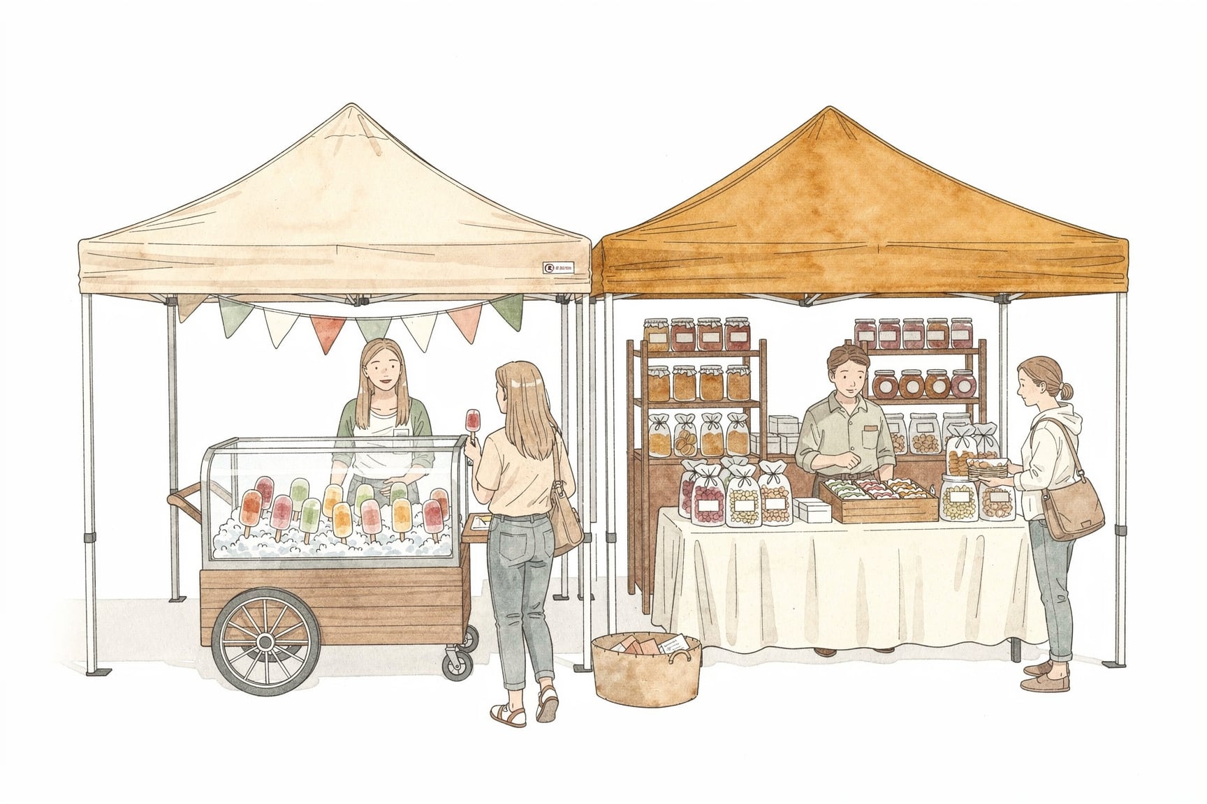 Hand drawn image of white tent with a vendor selling flavored popsicles and jarred goods at a fair.