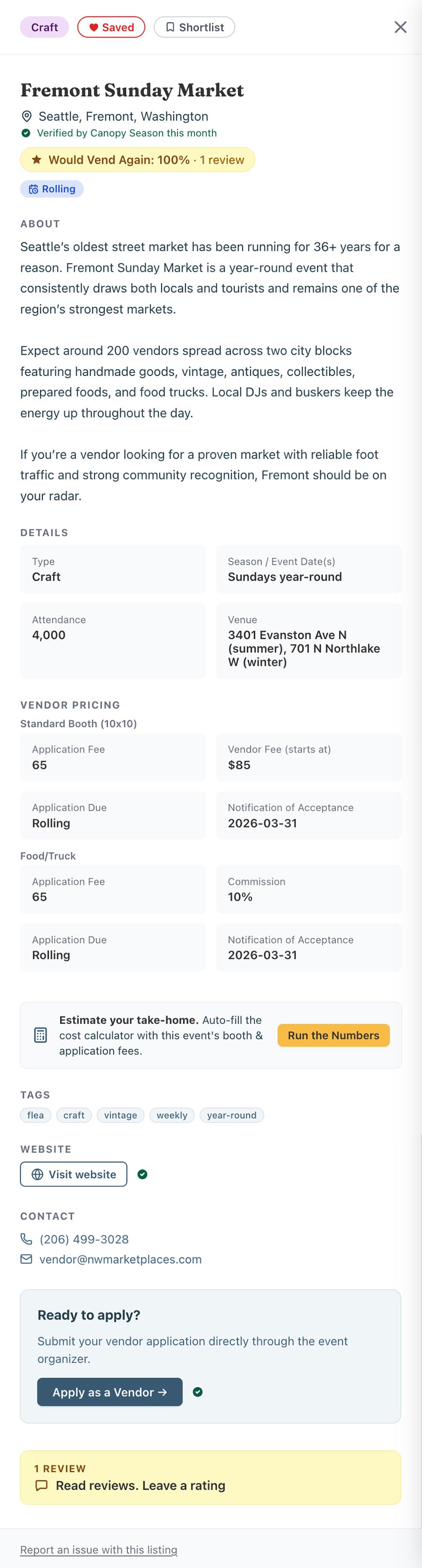Pro member view of an event listing on Canopy Season showing complete details.