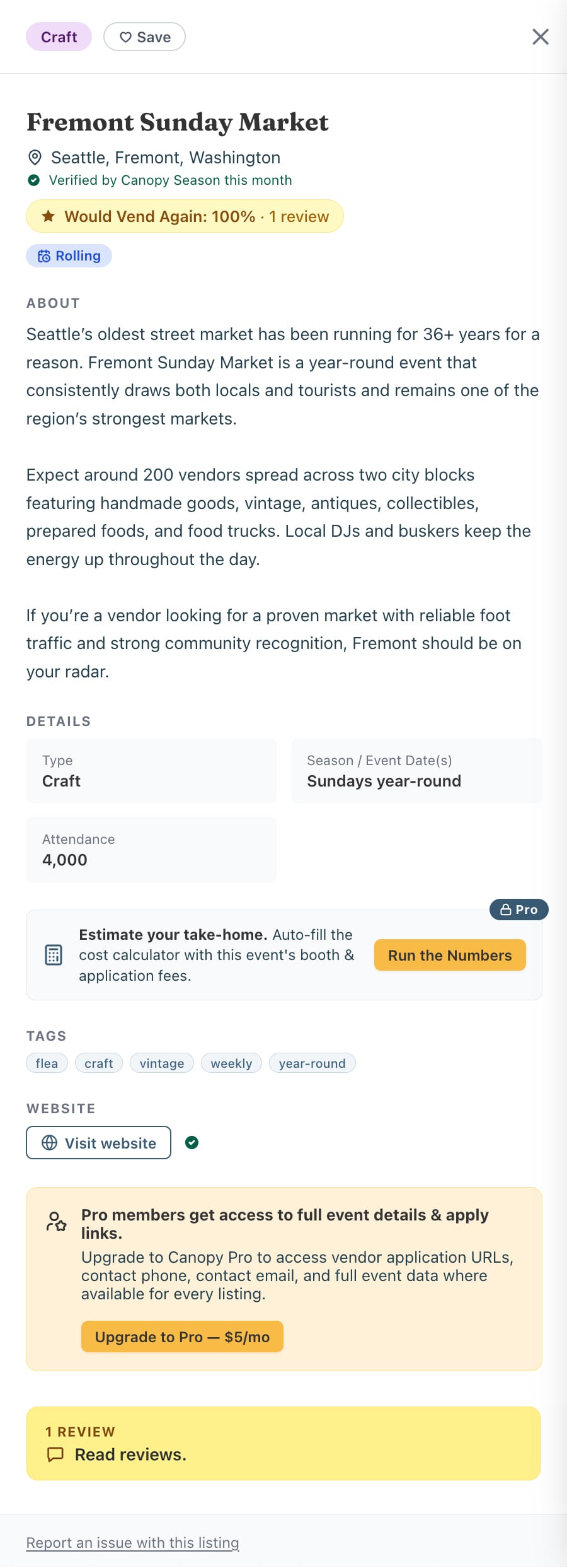 View of an event listing on Canopy Season showing what Free Members have access to.